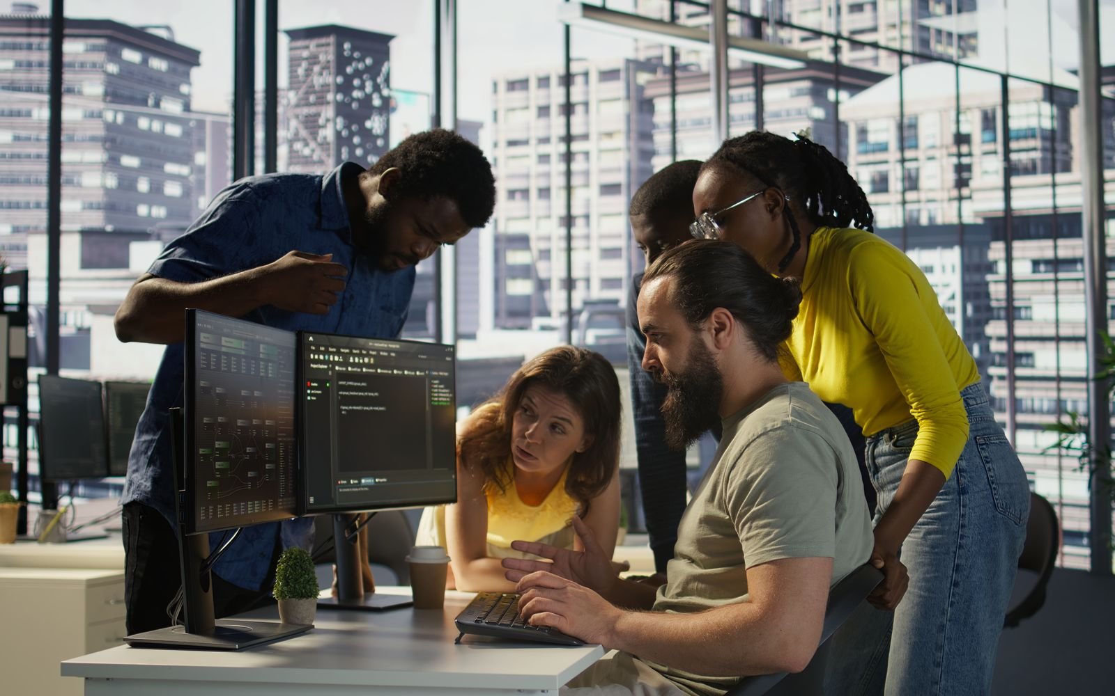 A software development team gathered around a developer's desk, reviewing code together on two monitors