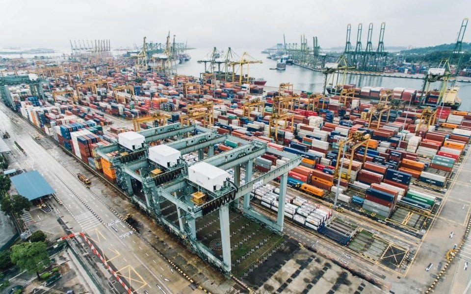 A busy container port seen from above